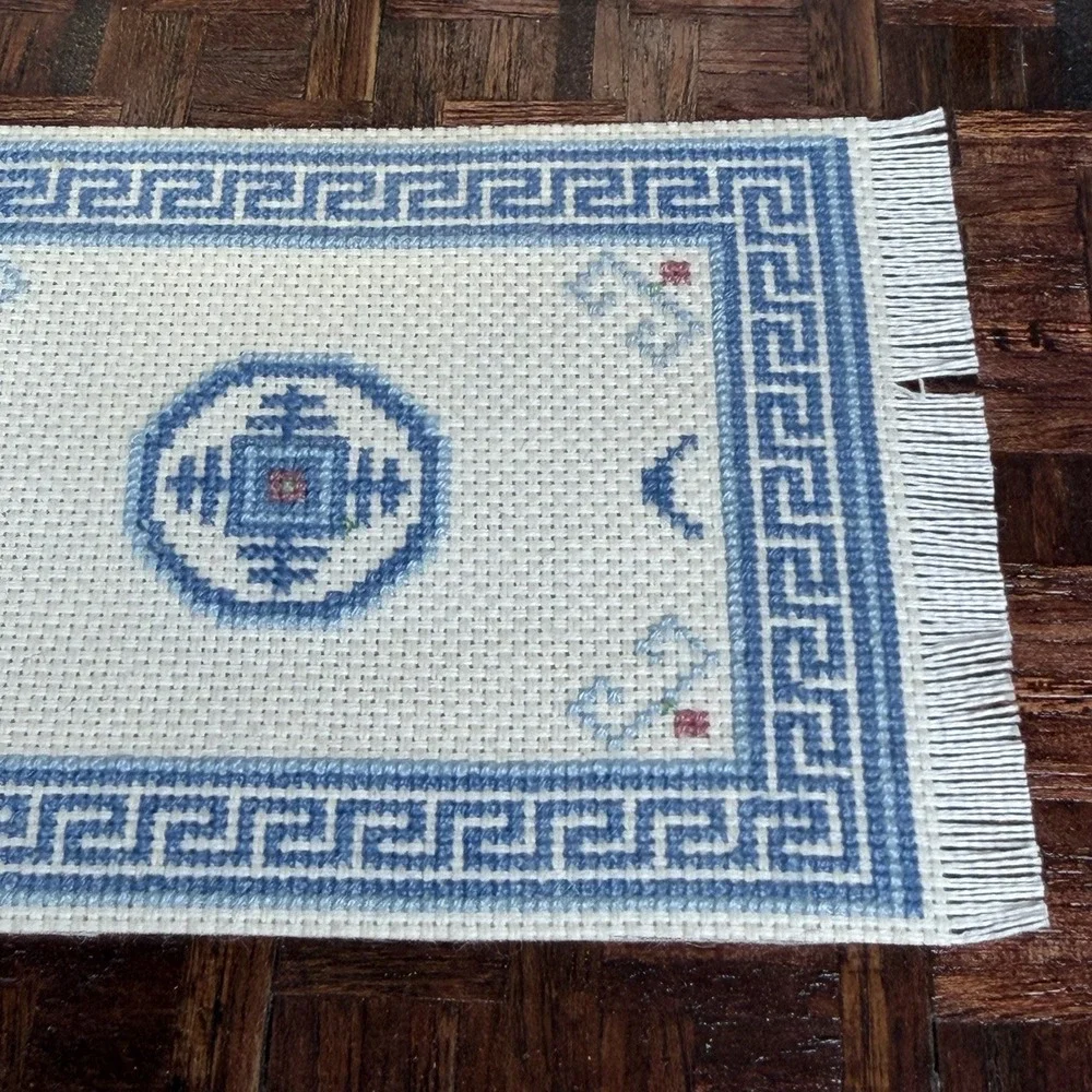 Vtg Dollhouse ARTISAN MICRO CROSS STITCH RUG Handmade Miniature Oriental Blue